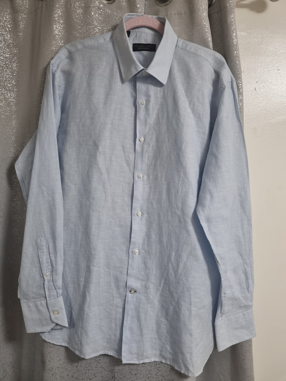 The Men's Store Bloomingdales XL Blue Pinstripe Linen Cotton Dress Shirt Button